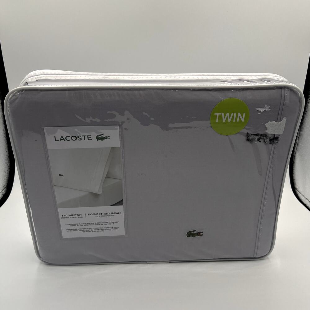 LACOSTE Solid Grey 100% Cotton Percale Twin Sheet Set NWT